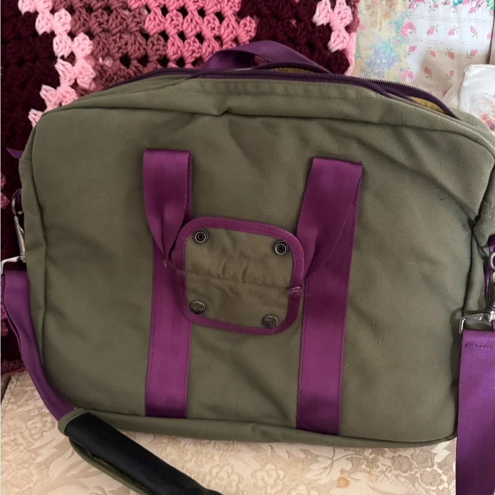 Brooklyn Industries Olive Canvas Laptop Bag with Purple Accents